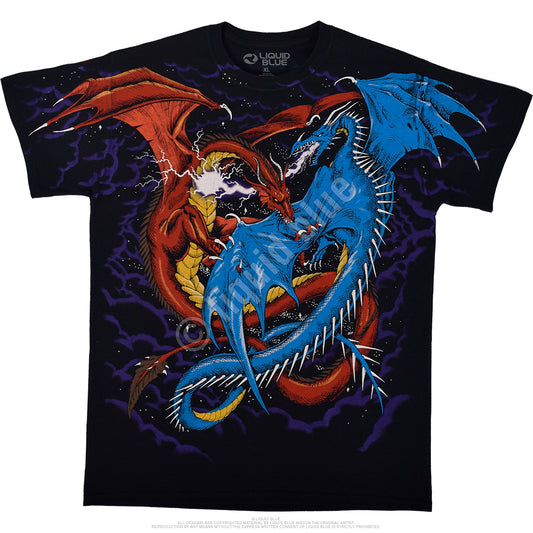 Liquid Blue Dark Fantasy Dueling Dragons Black Short Sleeve T-shirt