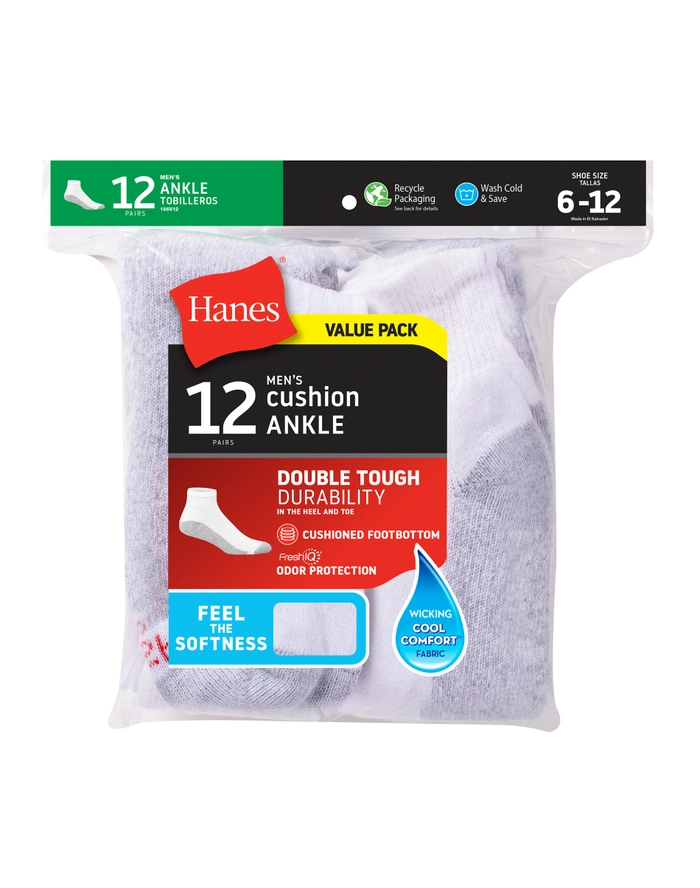 Hanes Men Cushion Ankle Socks FreshIQ Double Tough Durability Size 6-12