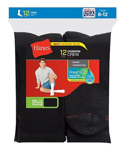 Hanes Men's Crew Socks Pack of 12 Cushion Comfort Cotton Fresh IQ size 6-12