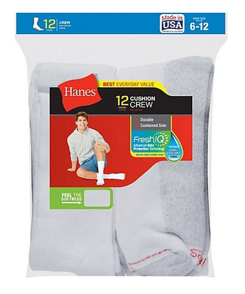 Hanes Men's Crew Socks Pack of 12 Cushion Comfort Cotton Fresh IQ size 6-12